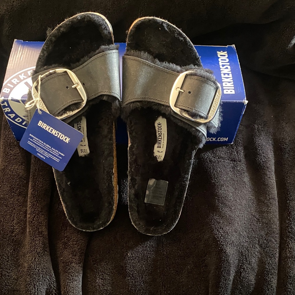 Birkenstock Black Shearling Sandals